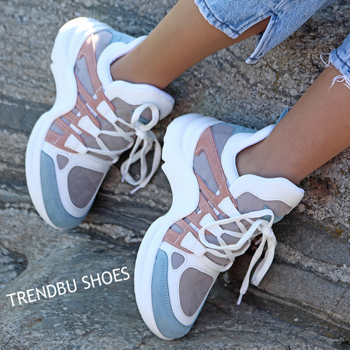 Trendbu Ayakkabı - Kadın Mavi-Pudra Sneaker