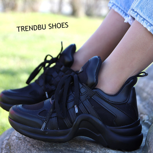 Trendbu Ayakkabı - Kadın Siyah Fileli Spor Ayakkabı