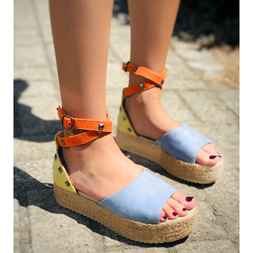 Trendbu Ayakkabı - Mavi Zımbalı Hasır Sandalet 