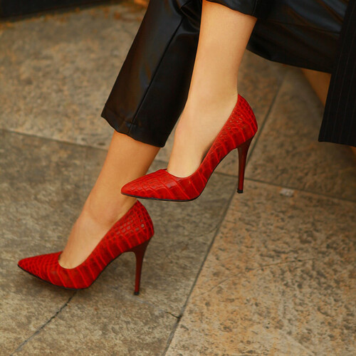 Trendbu Ayakkabı - Kadın Kırmızı Kroko Stiletto