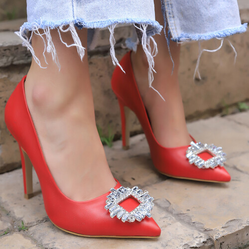 Trendbu Ayakkabı - Kadın Kırmızı Taşlı Stiletto