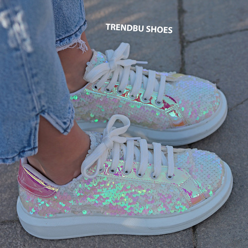 Trendbu Ayakkabı - Kadın Beyaz Payetli Sneaker