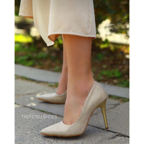 Trendbu Ayakkabı - Kadın Gold Simli Stiletto 