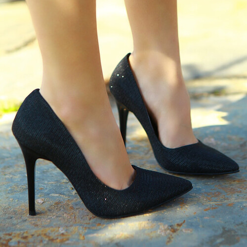 Trendbu Ayakkabı - Kadın Siyah Simli Stiletto 