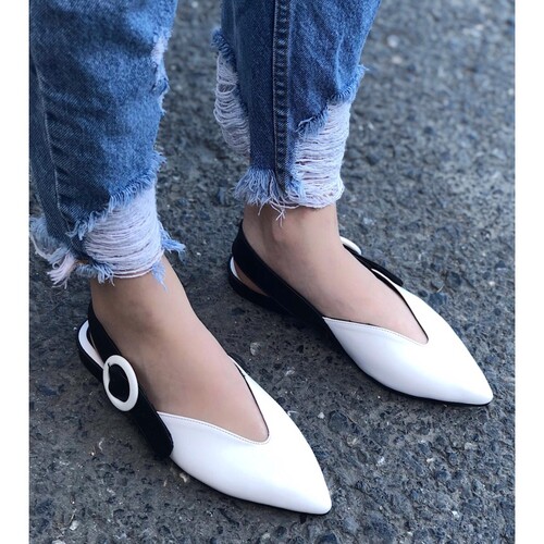 Trendbu Ayakkabı - Kadın Beyaz Tokalı Babet