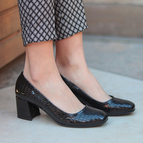 Trendbu Ayakkabı - Kadın Siyah Kroko Topuklu Ayakkabı 