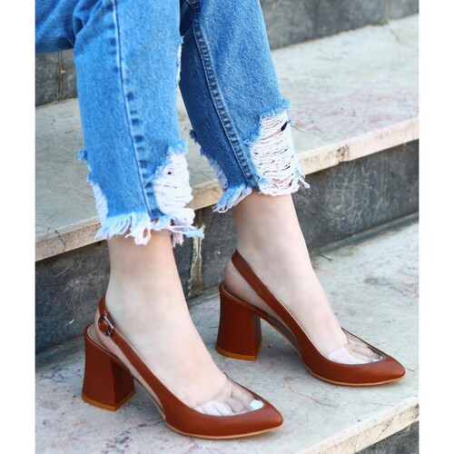 Trendbu Ayakkabı - Kadın Kahverengi Şeffaf Topuklu Ayakkabı 